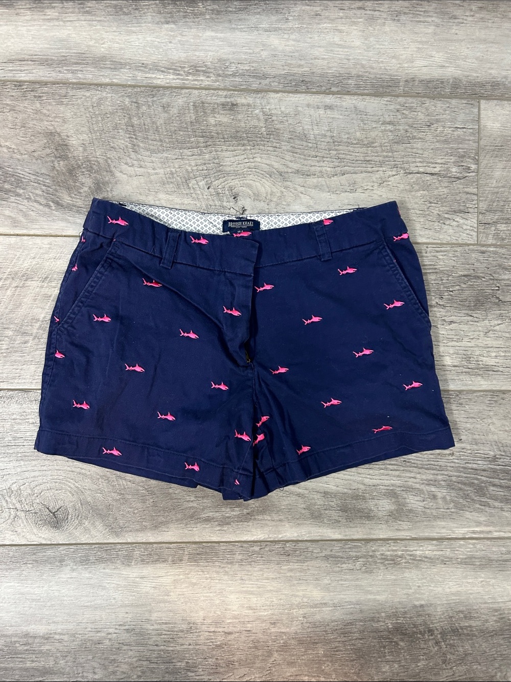 British Khaki Navy Shorts with Pink Shark Embroidery